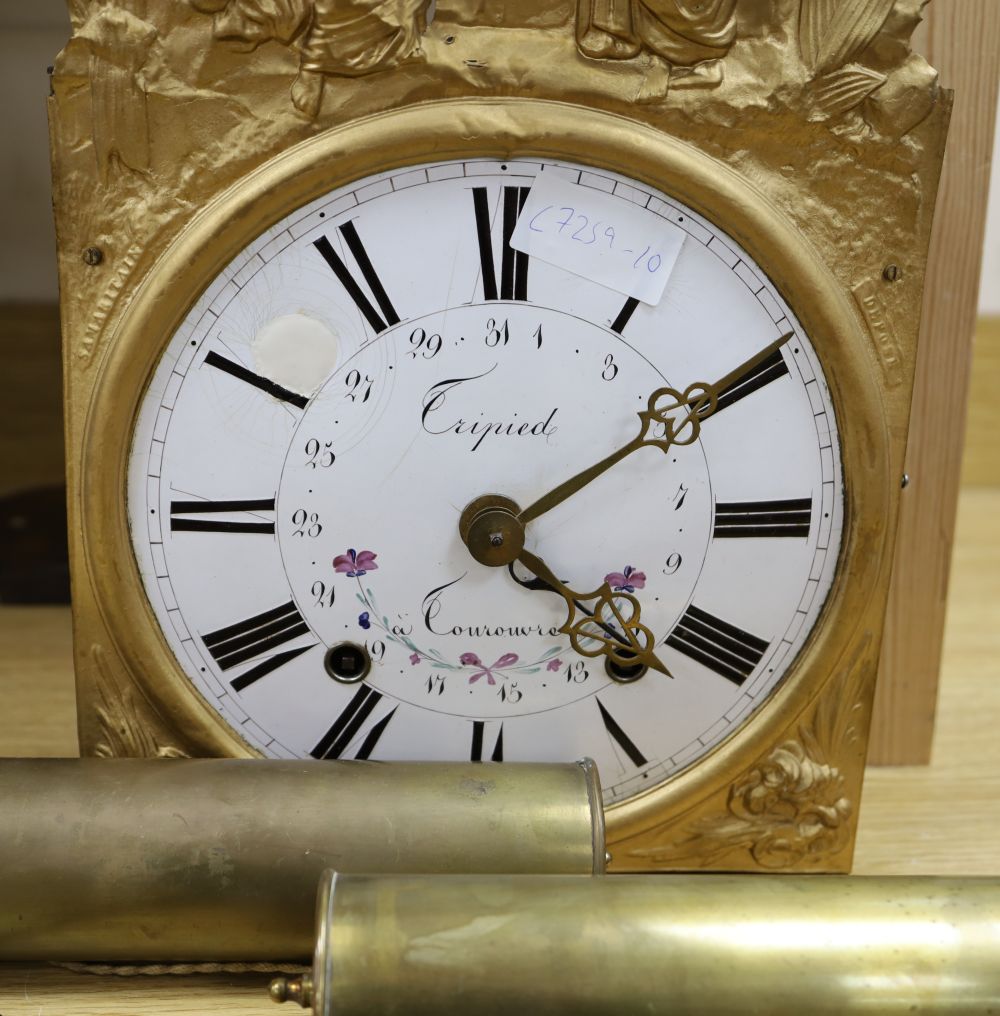 A 19th century French eight day wall clock, convex enamel dial signed Tripied, Tourouvre, dial 24cm, with pendulum, weights and oak mou